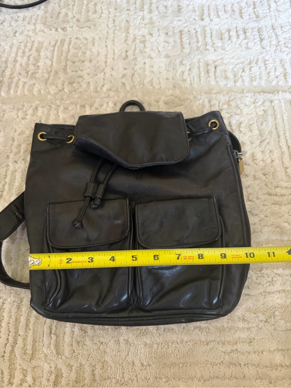 DKNY Black Leather Drawstring Backpack with Front Pockets - Picture 6 of 6